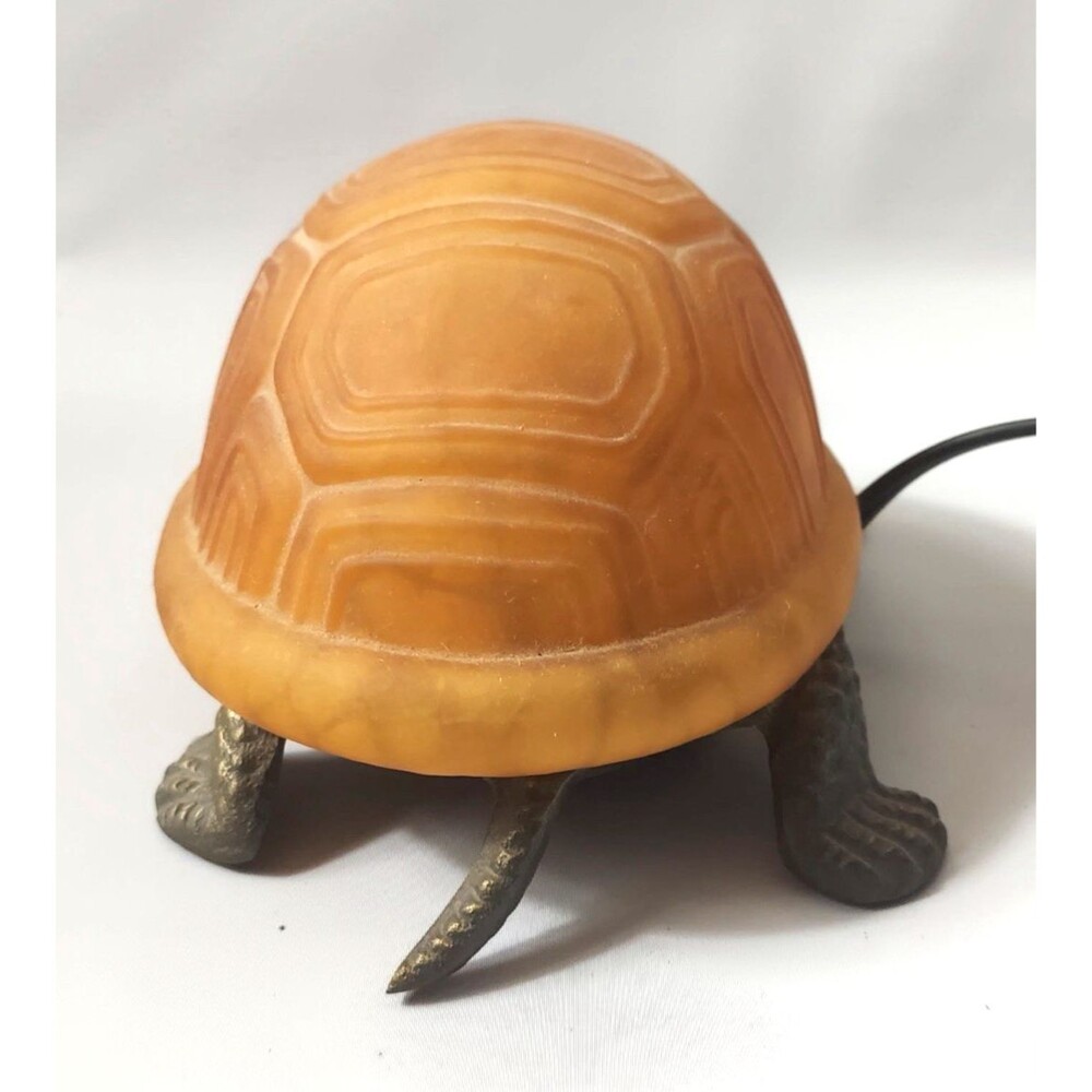 Vintage Turtle Lamp Tiffany Style Amber Art Glass Brass Base Night Light 1990's - Picture 3 of 7